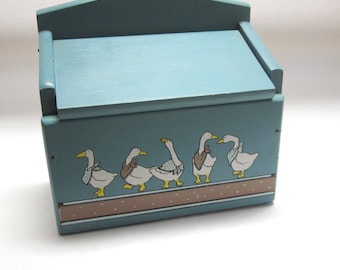 Flip Top Wood Recipe Box Wooden Geese Country Blue