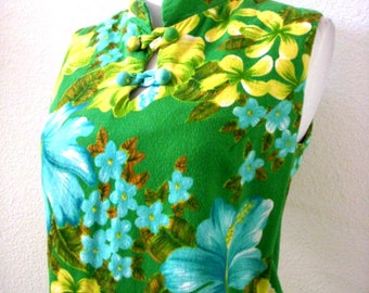 Vintage 60s Green Hawaiian Maxi Dress w Mandarin Collar - 1960s Asian Style Hawaiian Dress - Sleeveless Hawaiian Dress - Medium to Large 12