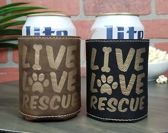 Live, Love, Rescue Leather Insulated Beverage Sleeve Cozie- Benefits Animal Rescue Efforts