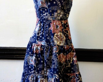1970s Navy Blue Floral Cotton Sun Dress up to 34" waist