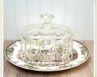 GORGEOUS 1930s Cut Glass Cloche with 1940s English China Platter Farmhouse Cheese Dome French kitchen decor
