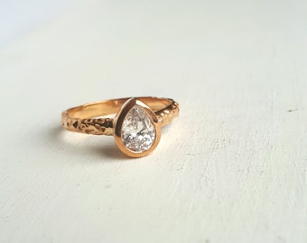 Rustic Gold Moissanite Engagement Ring - Organic Textured Band - Yellow Gold - Teardrop Gemstone - Pear Bezel