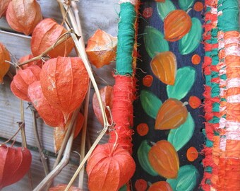 CHINESE LANTERN textile art BASKET Tray hand painted