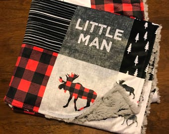 Woodland nursery minky blanket / Red and black buffalo plaid / little man blanket / Woodland minky quilt / Mountains & moose