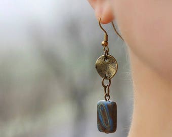 Bronze Earrings Boho Earrings Bronze Blue Earrings Boho Dangle Earrings Modern Earrings Minimalistic Earrings Long Everyday Earrings Unique