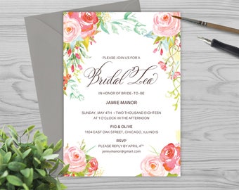 Wedding Shower Invitation Template - Bridal Shower Invitation Template - Watercolor and Flowers - Photoshop Template - PW1714