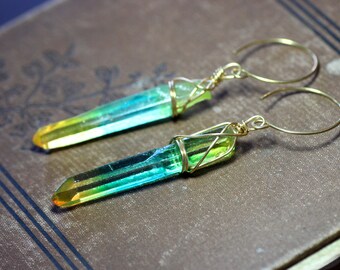 Rainbow Multicolor Quartz Point Hoop Earrings Aura Quartz Crystal Boho Rustic Jewelry