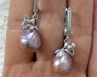 Large Baroque Pearl Earrings, Multiclolored Kasumi Cultured Pearls In Sterling Silver