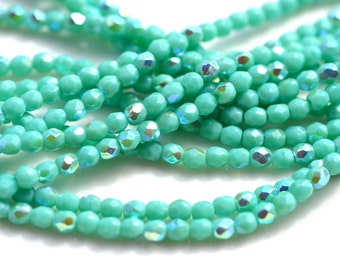 Turquoise AB 3mm Faceted Fire Polish Round Beads 50