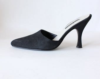 Vintage 1990s Black Suede Stiletto Mules, size 7