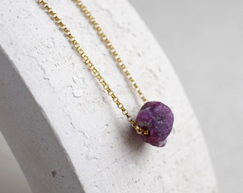 Natural raw Ruby necklace, delicate gold chain, July birthstone, rough stone pendant, minimalist jewelry, pregnancy stone, red gemstone