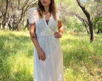 80s White Chiffon Dress With Bunched Sleeves