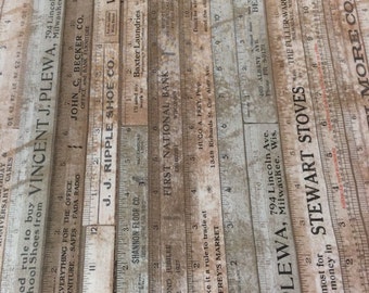 Electric Elements by Tim Holtz-Light Tan/Brown Rulers "Foundations"- One Yard of Continuous cut of Fabric. Measuring tape fabric