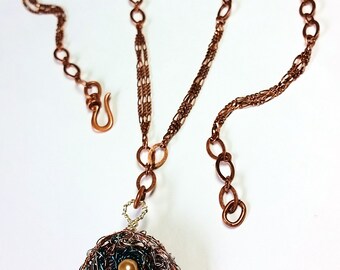 Wire Woven Bird Nest with Four Pearl Eggs on Copper Chain - Colorful Woven Wire Nest Pendant With Pearls