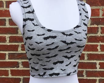 Black Bat Crop Top - Halloween Bat Crop Top - Goth Crop Top - Gothic Halloween Shirt with Flying Black Bat Silhouettes - Grey Crop Top Bats