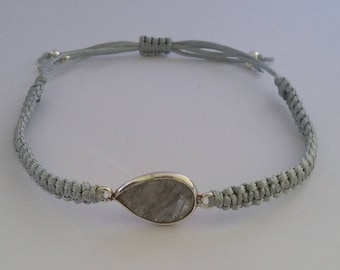 Faceted Pear Shaped Clear Rutilated Quartz Gem Bezel Adjustable Handmade Macrame Bracelet
