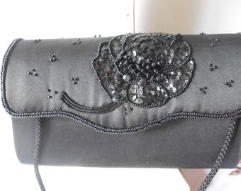 Black Evening Bag, Beaded Handbag, Vintage Black Bag,Black Beaded Bag, Black Beaded Clutch, Beads and Sequins EB-0542