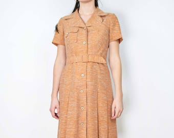 Vintage 70s yellow dress, shirt dress, minimalist dress, 70s day dress, smart dress, medium size, eu 40, belted dress, 70s clothing