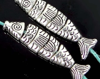 2 small Greek Worry Fish - Silver Pewter Segmented Assembled Focal Pendant Bead 35x8mm - (p296)