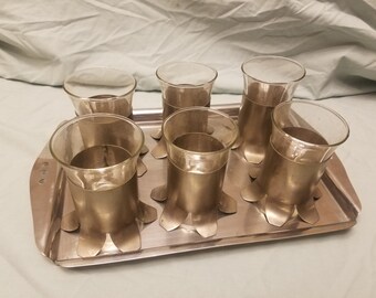 Set of 6 stainless steel base drinking glasses hand made w/ tray juice/drinking glasses