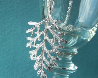 Large Fern Leaf Lavender Jewelry - Pure Silver Real Leaf Pendant, Sterling Silver Rope Chain, Herb Jewelry, Botanical Jewelry