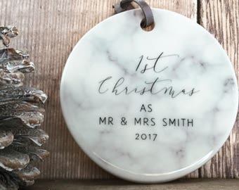 Personalised First Christmas As Mr & Mrs Marble Style Ceramic Decoration Christmas Gift Keepsake Tree Ornament Bauble Decoration