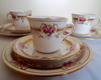 Vintage Tea Cup and Saucer Trio, Hand Painted Royal Albert Teacup and Saucer and Cake Plate with Pink Roses And Rich Gold. Very Special