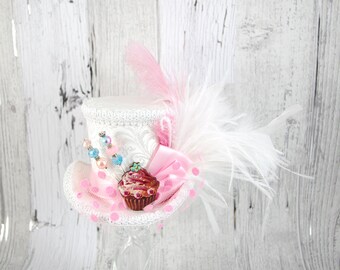 Ivory White and Light Pink Cupcake Cutout Medium Mini Top Hat Fascinator, Alice in Wonderland, Mad Hatter Tea Party