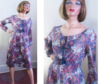 Vintage 70s Boho Peasant Dress, Long Sleeves, Smocked Waist, Low Drawstring Neckline, Navy Floral Print, Thin Knit Retro 70s Dress