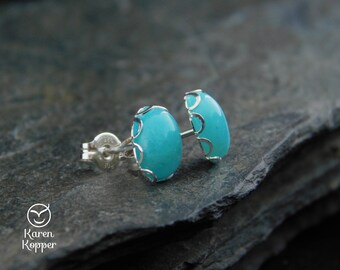 Natural Amazonite gemstone earrings, 8x6 mm cabochon, sterling silver 0.925, posts earrings, studs, filigree. 191