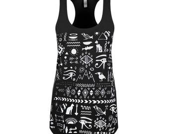 SALE XL -Black Racerback Tank with Egyptian Pattern Screen Print