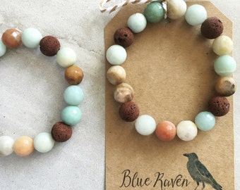 Amazonite / Essential Oil Diffuser Bracelet - Lava Stones and Faceted Amazonite. You choose size and lava color.