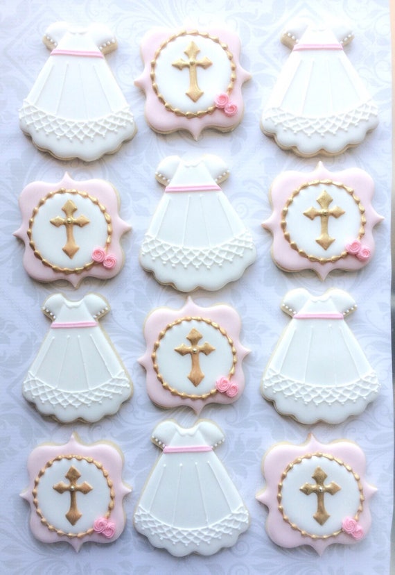 Christening Gown and Cross Cookies Two Dozen Decorated Sugar