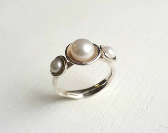 Three Pearl Ring - Concave Silver Band - Pearl Engagement Ring - Organic, Nature Inspired, Mermaid Treasure