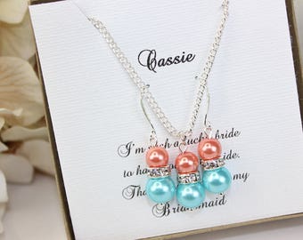 Bridesmaid Gift Coral and Aqua Blue Pearl Jewelry Set Sterling Silver Necklace Bridesmaid Jewelry Bridesmaid Gift FREE Personalized Card!!!