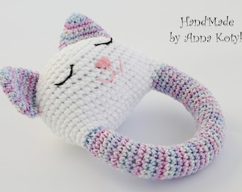 Crochet cat toy Cat rattle toy Rattle kitty teething toy Stuffed teething cat Newborn gift Cute baby girl rattle toy Animal rattle toy