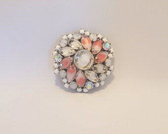 Vintage Brooch Hobe' Signed Prong-set Rhinestones Aura Borealis Round 60's