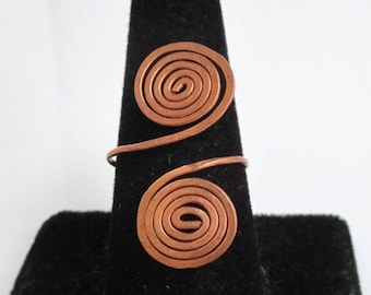 Hammered & Curled Copper Bypass Ring - Adjustable Size, Vintage Patina