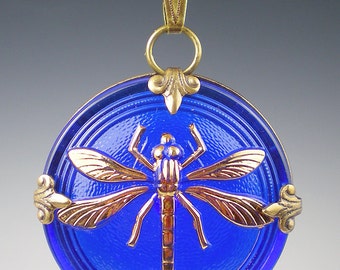 Dragonfly Necklace, Blue Necklace, Gift For Her, Glass Button Necklace, Dragonfly Pendant, Button Necklace, Insect Jewelry