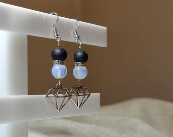 Silver diamonds greek meander basalt and moonstone round beads