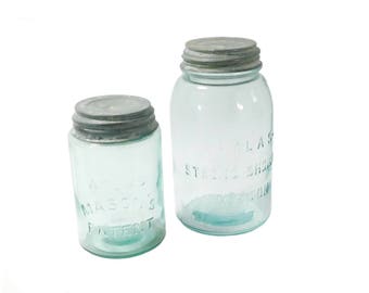 Vintage ATLAS Mason Jars, Pale Aqua Blue Glass Quart & Pint Jars with Zinc Lids, Farmhouse Style, Cottage Decor, Wedding, Canning Jars, J2