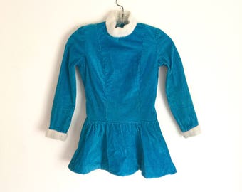 1940s - 1950s Vintage Figure Skating Costume Blue Corduroy Ice Skating Dress XXS