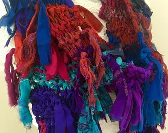 sale Deep reds purple blues, Recycled silk hand knitted boho tattered rag scarf