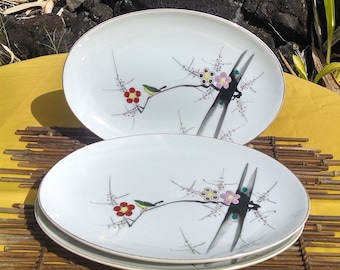 Porcelain Platters Made in Japan Plum Blossom Design, Vintage Sushi/Sashimi/ Appetizer Serving Plates, Y.Y Yonemoto Store Honolulu Hawaii