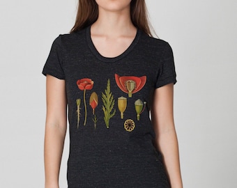 Botanical Tshirt Printed Poppy / Womans Dark Gray triblend Tshirt Boho Flowers Festival Style / Vintage Illustration Digital DTG /T1102-p