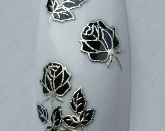 Nail Sticker- Metallic Decal #324 TJ017 Transfer Wrap Black & Silver Flower