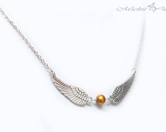 Harry Potter Inspired Snitch Wing Necklace - Silver - Freshwater Pearl