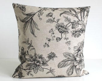 Linen Pillow Cover, Natural Pillow Cover, Bird Pillow Cover, Pillow Sham, Cushion Cover, Throw Pillow Cover - Botanica Black