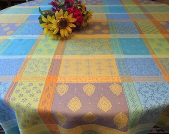 Round Cotton Jacquard Teflon tablecloth.Water repellent. Easy care. 69'' diameter.Fabric from Provence, France. Valescure.