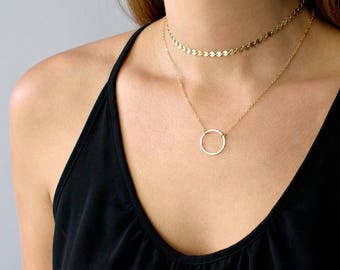 Gold Choker Necklace, Gold Coin Choker, Gold Tattoo Choker, Dainty Chain Choker, Boho Choker, Sterling Silver or 14K Gold Filled, N203